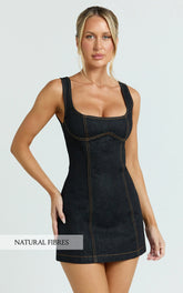 Fabia Mini Dress - Denim Square Neck Fitted Dress in Dark Wash