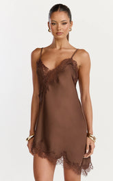 Iris Mini Dress - Lace Trim Asymmetrical Camisole Dress in Chocolate