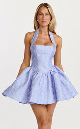 Maddy Mini Dress - Square Neck Halter Fit And Flare Dress in Blue