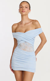 Juliet Mini Dress - Off Shoulder Lace Contrast Dress in Blue