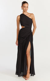 Darcy Maxi Dress - One Shoulder Side Cut Out Gathered Dress in Black
