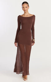 Delphine Maxi Dress - Long Sleeve Knit Sheer Pleated Skirt Maxi Dress in Chocolate