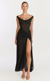 Demetria Maxi Dress - Mesh Bodycon Dress in Black