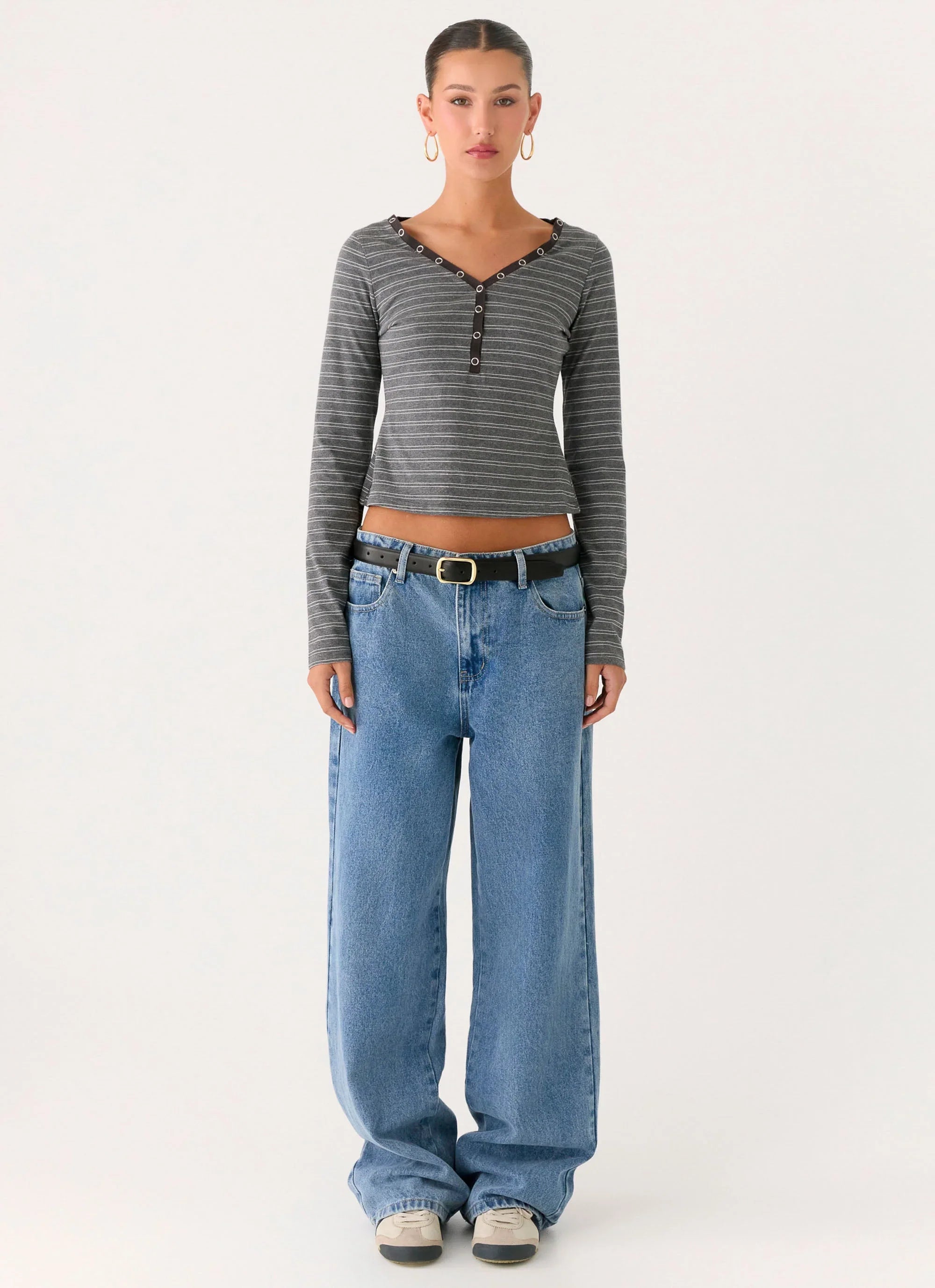 Kaytra Long Sleeve Top - Grey Marle Stripe