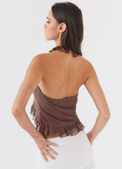 Tanya Mesh Frill Top - Chocolate
