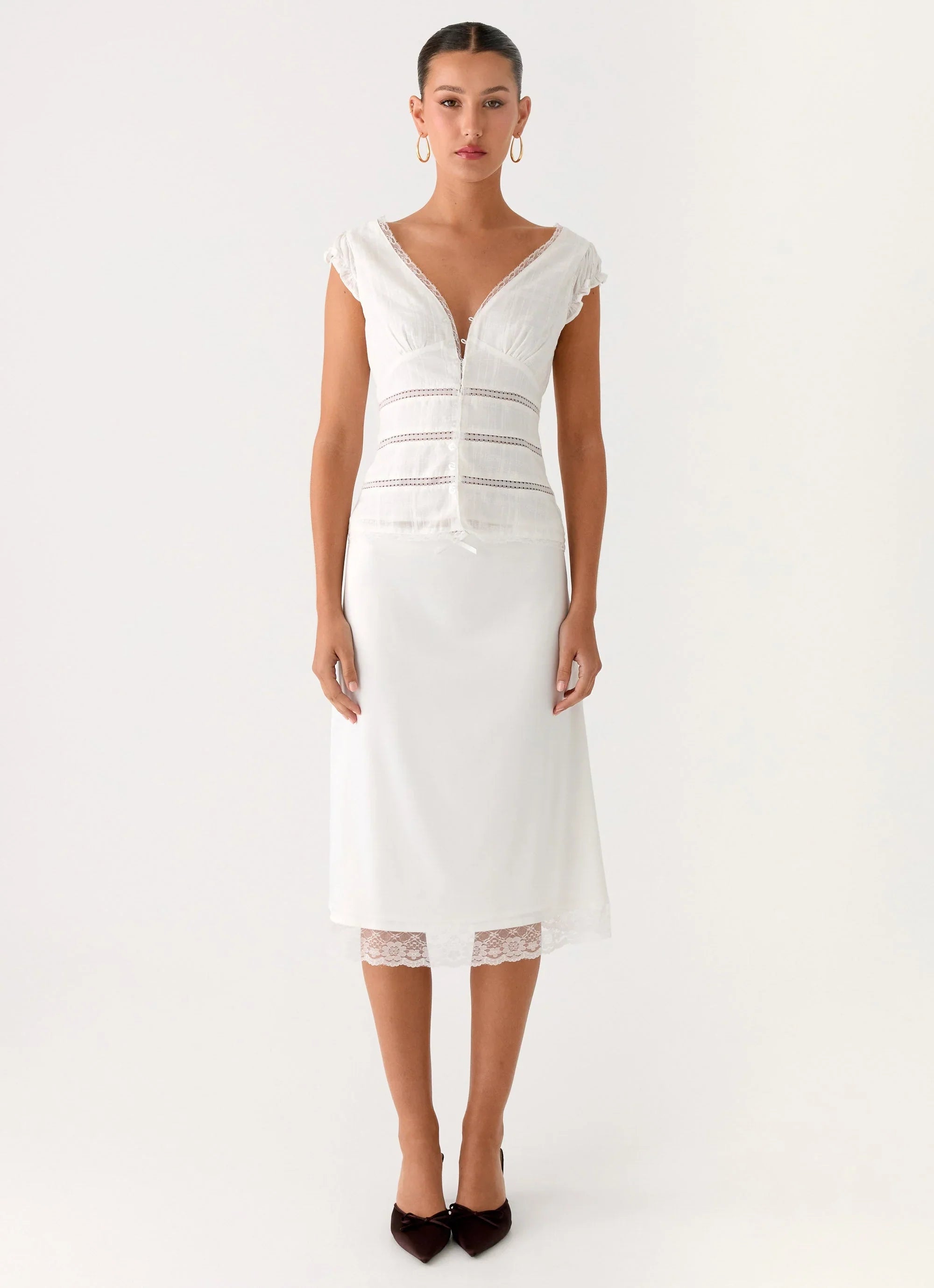 Rina Low Rise Satin Midi Skirt - White
