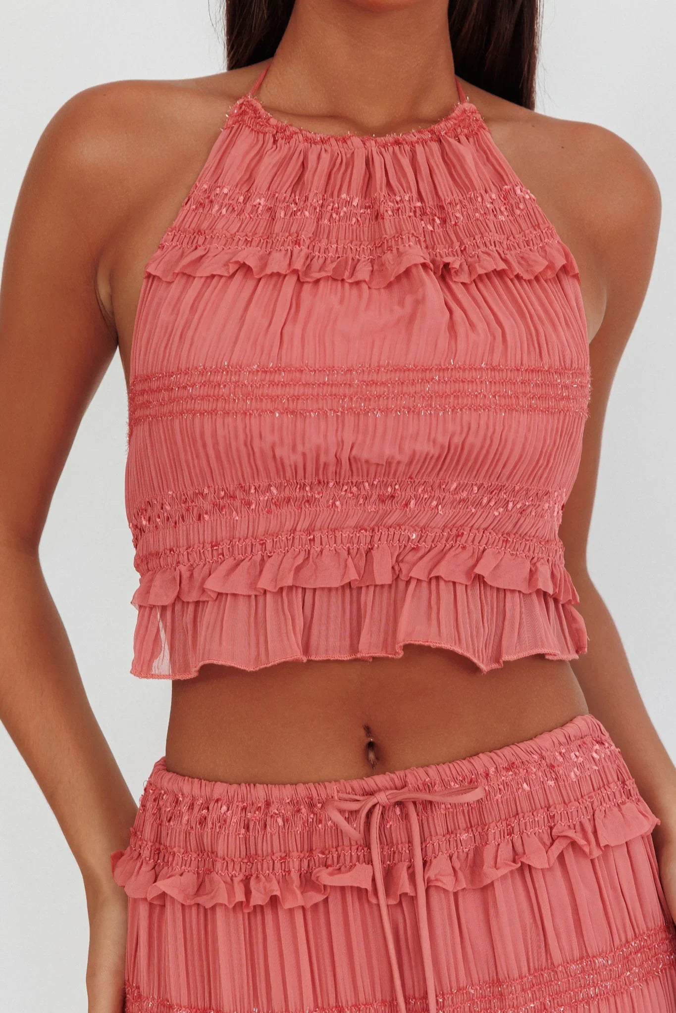 Helios Halterneck Shirred Sequin Top Rose