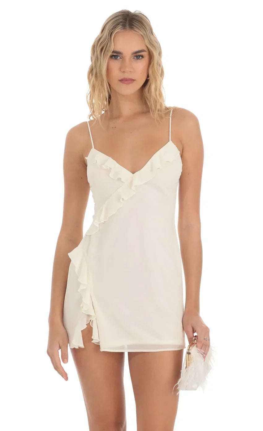 Chiffon Ruffle V-Neck Dress in Pastel Yellow