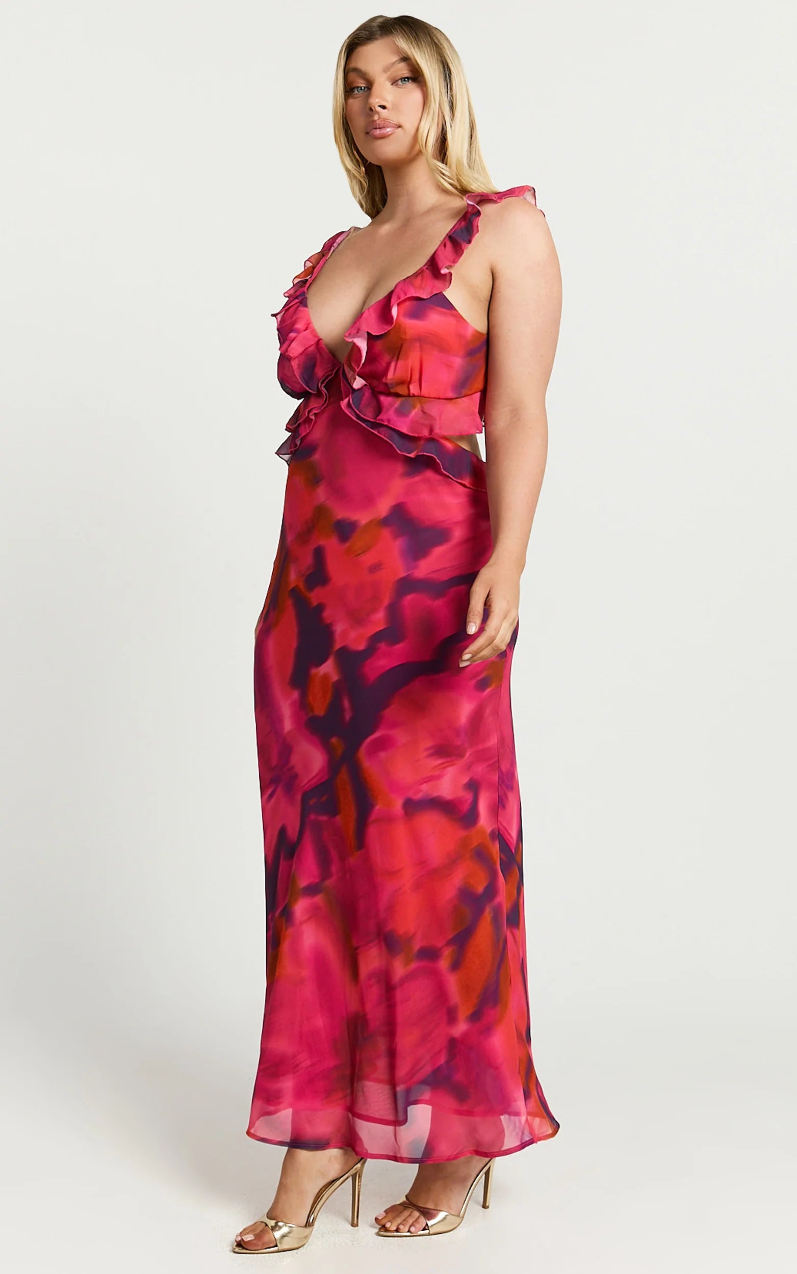 Alessa Maxi Dress - V Neck Frill Detail Empire Waist Back Cut Out Dress in Adeana Print