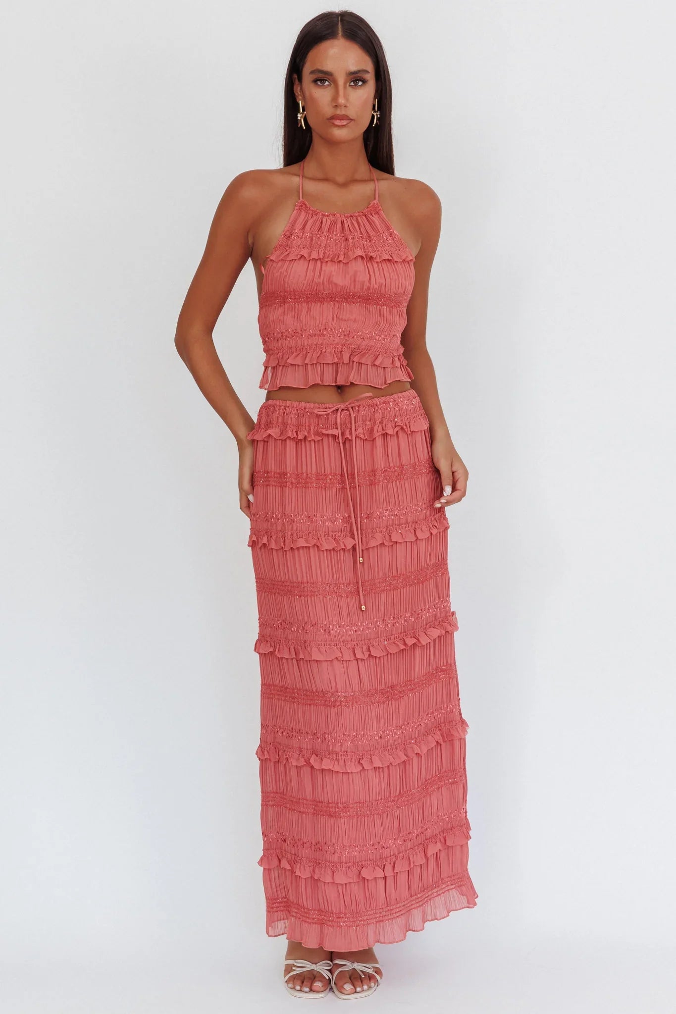 Helios Halterneck Shirred Sequin Top Rose
