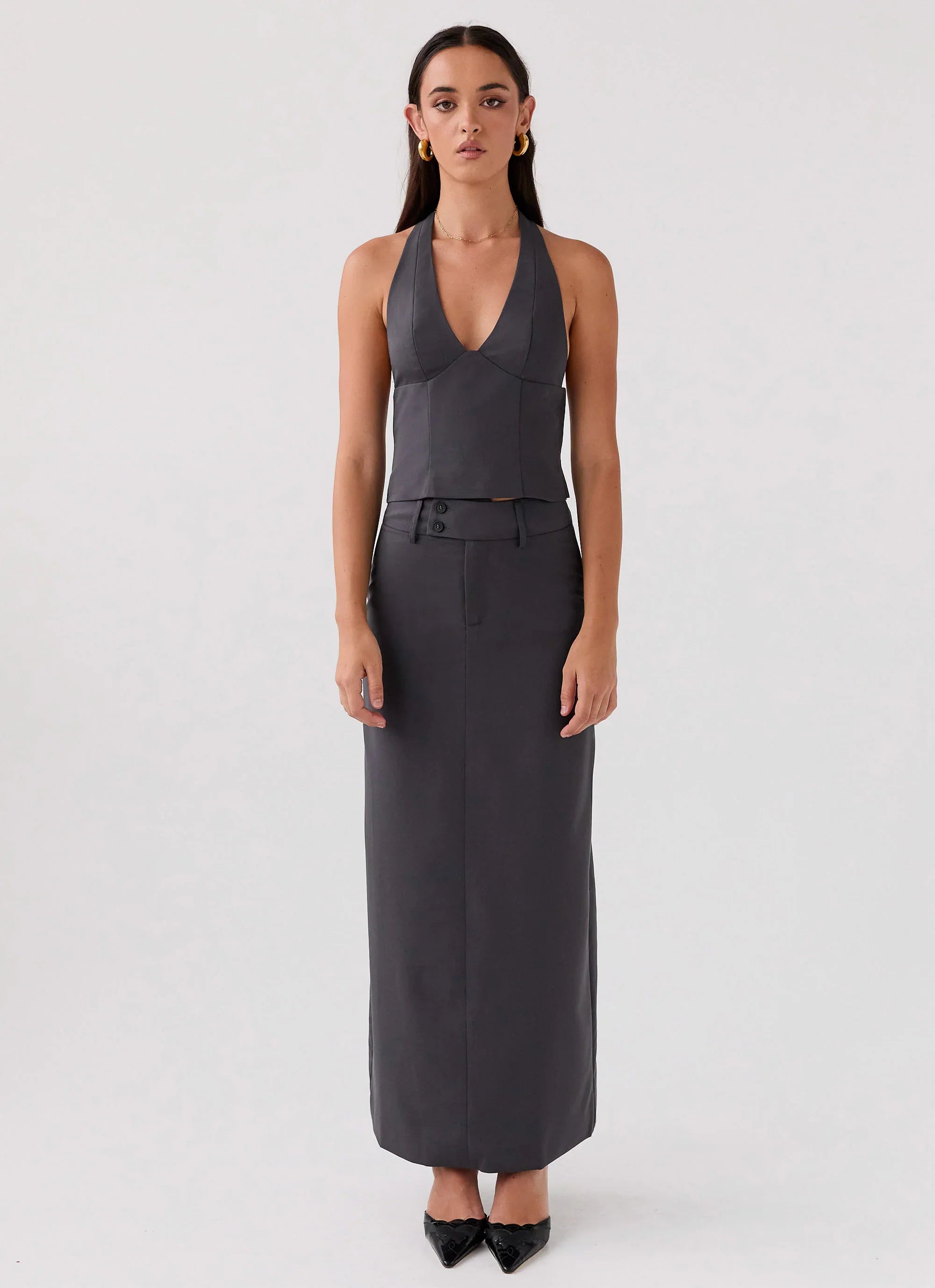 On Call Halterneck Top - Charcoal
